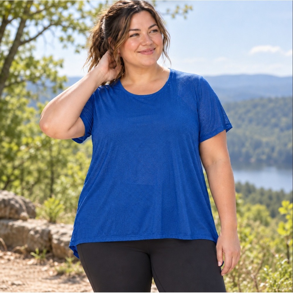 Columbia Womens Blue Short Sleeve Split Back Active Top Honeycomb Knit XL